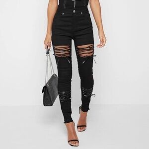 Maniere De Voir Lace Up High Rise Black Skinny Jean Pants